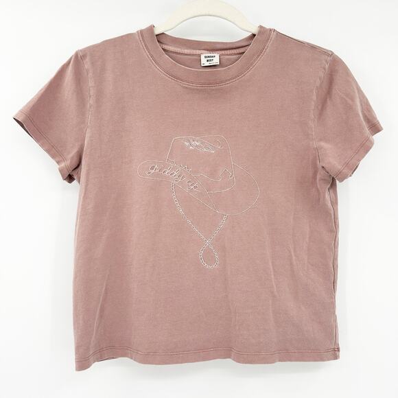 Aritzia Sunday Best Womens Cotton Giddy Up Cowboy Hat Crop T-Shirt Size XS Mauve - Picture 1 of 5